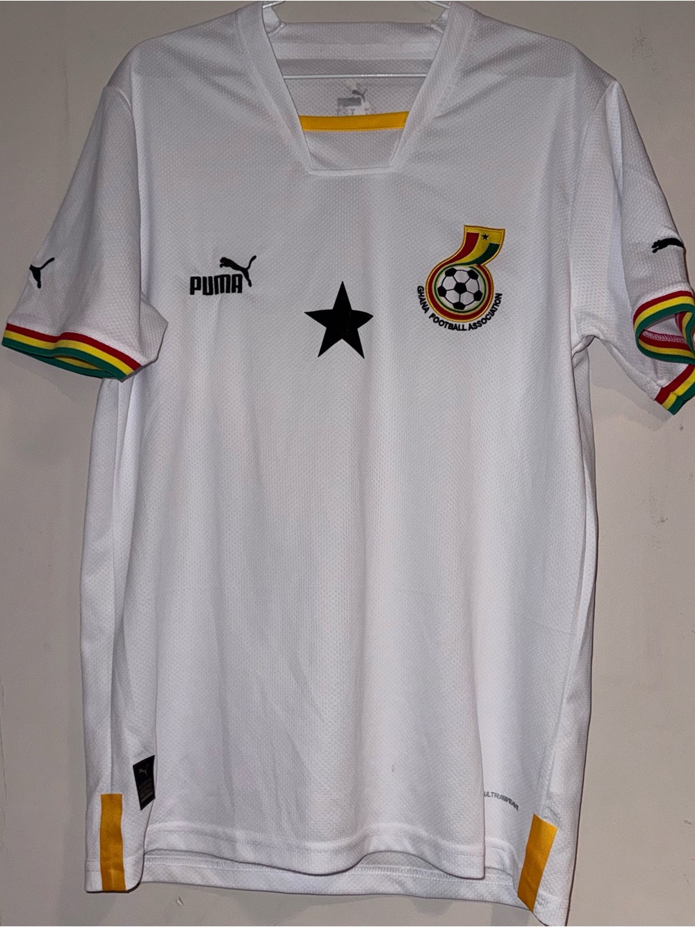 Puma White Ghana Soccer Jersey with Black Star and Multicolor Trim